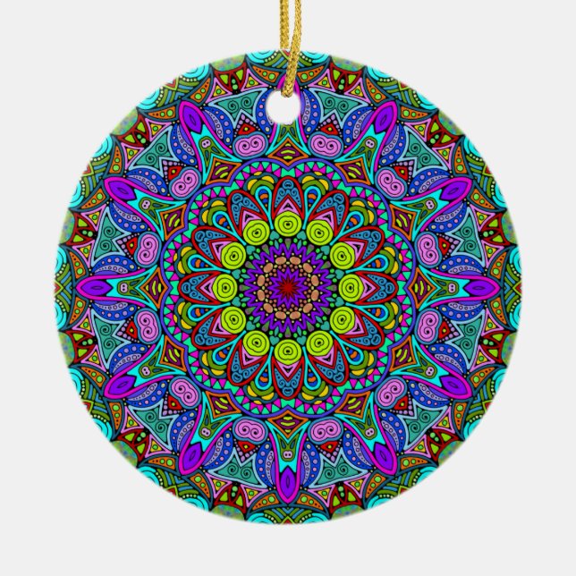 Adorno De Cerámica Pintado manual Mandala Clock Face 4 (Frente)