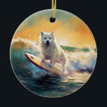 Adorno De Cerámica Pintura americana de surf en Eskimo Beach<br><div class="desc">Sumérgete en el mundo lúdico de la aventura canina con esta pintura cautivadora. Un perro animado lleva a las olas, subiendo con habilidad al surf en una playa con sol. El vibrante arte captura bellamente la esencia de la emoción en la playa mientras el perro recorre sin miedo las olas,...</div>