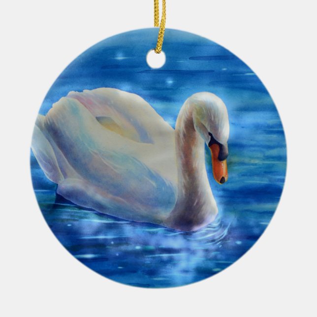 Adorno De Cerámica Pintura de acuarela de cisne blanco (Frente)