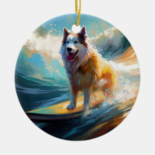 Adorno De Cerámica Pintura de Alaskan Malamute haciendo surf en la pl
