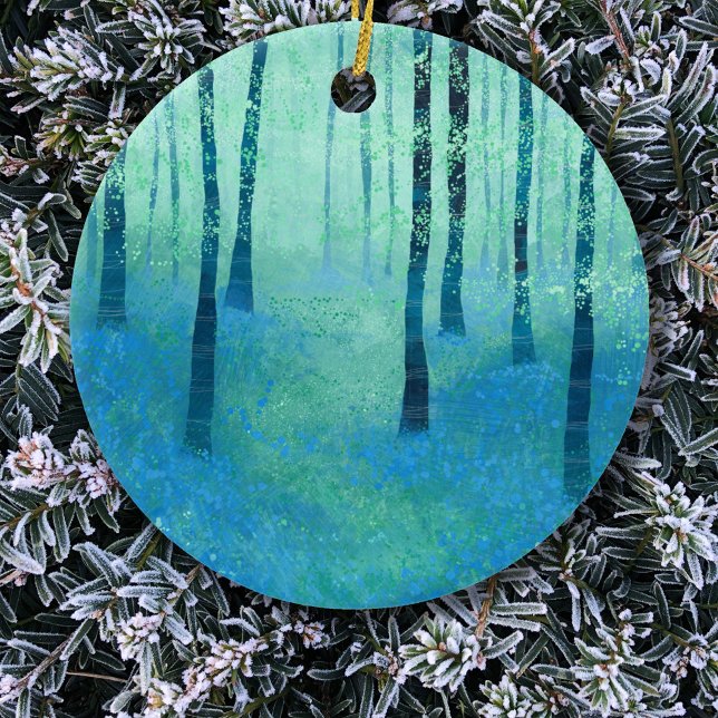 Adorno De Cerámica Pintura de Bluebell Woodland (Bluebell woodland forest landscape art Christmas ornament)