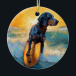 Adorno De Cerámica Pintura de Bluetick Coonhound Beach Surfing<br><div class="desc">Sumérgete en el mundo lúdico de la aventura canina con esta pintura cautivadora. Un perro animado lleva a las olas, subiendo con habilidad al surf en una playa con sol. El vibrante arte captura bellamente la esencia de la emoción en la playa mientras el perro recorre sin miedo las olas,...</div>