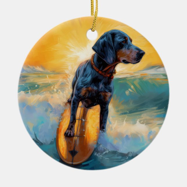 Adorno De Cerámica Pintura de Bluetick Coonhound Beach Surfing (Frente)