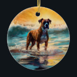 Adorno De Cerámica Pintura de Boxer Beach Surfing<br><div class="desc">Sumérgete en el mundo lúdico de la aventura canina con esta pintura cautivadora. Un perro animado lleva a las olas, subiendo con habilidad al surf en una playa con sol. El vibrante arte captura bellamente la esencia de la emoción en la playa mientras el perro recorre sin miedo las olas,...</div>