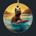 Adorno De Cerámica Pintura de Cairn Terrier Beach Surfing<br><div class="desc">Sumérgete en el mundo lúdico de la aventura canina con esta pintura cautivadora. Un perro animado lleva a las olas, subiendo con habilidad al surf en una playa con sol. El vibrante arte captura bellamente la esencia de la emoción en la playa mientras el perro recorre sin miedo las olas,...</div>