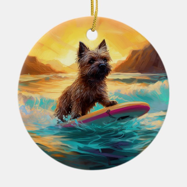 Adorno De Cerámica Pintura de Cairn Terrier Beach Surfing (Frente)