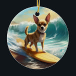 Adorno De Cerámica Pintura de Chihuahua Beach Surfing<br><div class="desc">Sumérgete en el mundo lúdico de la aventura canina con esta pintura cautivadora. Un perro animado lleva a las olas, subiendo con habilidad al surf en una playa con sol. El vibrante arte captura bellamente la esencia de la emoción en la playa mientras el perro recorre sin miedo las olas,...</div>