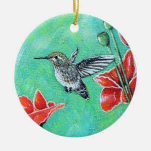 Adorno De Cerámica Pintura de Colibrí y Amapolas