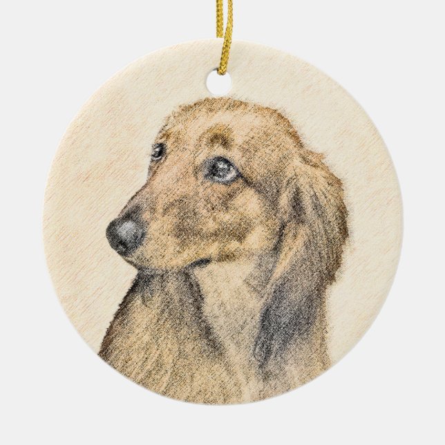 Adorno De Cerámica Pintura de Dachshund (de cabello largo) - Arte Per (Frente)