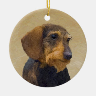 Adorno De Cerámica Pintura de Dachshund (Pelo duro) Arte original de 