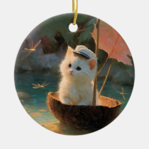 Adorno De Cerámica Pintura de gatito blanco esponjoso navegando en co