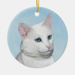 Adorno De Cerámica Pintura de gato blanco - Arte de gato original lin