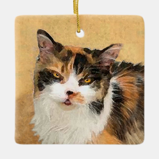 Adorno De Cerámica Pintura de gato calico - Arte de gato original lin (Anverso)