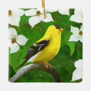 Adorno De Cerámica Pintura de Goldfinch - Arte de Perro Original.