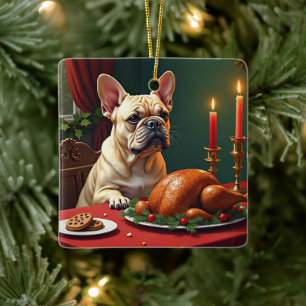 Adorno De Cerámica Pintura de la cena de Nochebuena de un Bulldog Fra