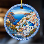 Adorno De Cerámica Pintura de la isla griega de Santorini | Arte de v<br><div class="desc">Pintura de yodo de Santorini Grecia | Ornamento cerámico de arte de viajes. Personaliza con tu propio texto.</div>
