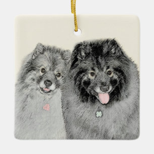 Adorno De Cerámica Pintura de madre y hijo Keeshond - Arte de perro o