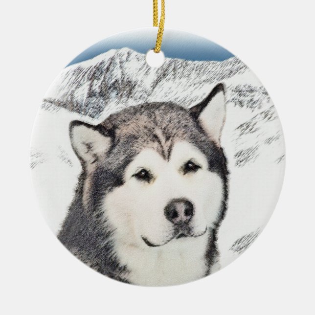Adorno De Cerámica Pintura de Malamute de Alaska - Arte de Perro Orig (Frente)