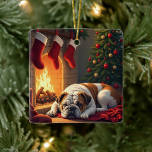 Adorno De Cerámica Pintura de Navidad de Bulldog junto a la Chimenea
