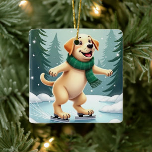 Adorno De Cerámica Pintura de Navidad de Labrador Retriever patinando