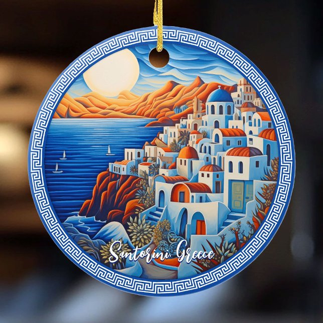 Adorno De Cerámica Pintura de Santorini Grecia | Arte de viajes (Santorini Greece Painting | Travel Art Ceramic Ornament)