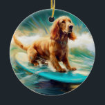 Adorno De Cerámica Pintura de surf Cocker Spaniel Beach<br><div class="desc">Sumérgete en el mundo lúdico de la aventura canina con esta pintura cautivadora. Un perro animado lleva a las olas, subiendo con habilidad al surf en una playa con sol. El vibrante arte captura bellamente la esencia de la emoción en la playa mientras el perro recorre sin miedo las olas,...</div>