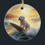 Adorno De Cerámica Pintura de surf de Bichon Frise Beach<br><div class="desc">Sumérgete en el mundo lúdico de la aventura canina con esta pintura cautivadora. Un perro animado lleva a las olas, subiendo con habilidad al surf en una playa con sol. El vibrante arte captura bellamente la esencia de la emoción en la playa mientras el perro recorre sin miedo las olas,...</div>