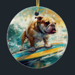 Adorno De Cerámica Pintura de surf en bulldog Beach<br><div class="desc">Sumérgete en el mundo lúdico de la aventura canina con esta pintura cautivadora. Un perro animado lleva a las olas, subiendo con habilidad al surf en una playa con sol. El vibrante arte captura bellamente la esencia de la emoción en la playa mientras el perro recorre sin miedo las olas,...</div>