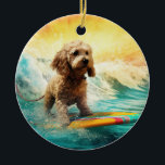 Adorno De Cerámica Pintura de surf en Cockapoo Beach<br><div class="desc">Sumérgete en el mundo lúdico de la aventura canina con esta pintura cautivadora. Un perro animado lleva a las olas, subiendo con habilidad al surf en una playa con sol. El vibrante arte captura bellamente la esencia de la emoción en la playa mientras el perro recorre sin miedo las olas,...</div>