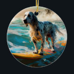 Adorno De Cerámica Pintura de surf en English Setter Beach<br><div class="desc">Sumérgete en el mundo lúdico de la aventura canina con esta pintura cautivadora. Un perro animado lleva a las olas, subiendo con habilidad al surf en una playa con sol. El vibrante arte captura bellamente la esencia de la emoción en la playa mientras el perro recorre sin miedo las olas,...</div>
