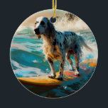 Adorno De Cerámica Pintura de surf en English Setter Beach<br><div class="desc">Sumérgete en el mundo lúdico de la aventura canina con esta pintura cautivadora. Un perro animado lleva a las olas, subiendo con habilidad al surf en una playa con sol. El vibrante arte captura bellamente la esencia de la emoción en la playa mientras el perro recorre sin miedo las olas,...</div>