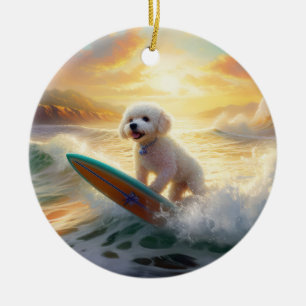 Adorno De Cerámica Pintura de surf en la playa de Bichon Frise