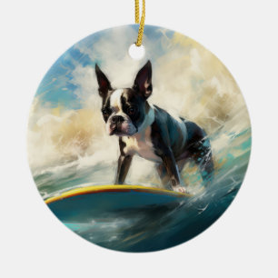 Adorno De Cerámica Pintura de surf en la playa de Boston Terrier