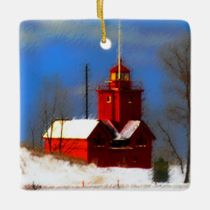 Adorno De Cerámica Pintura del Faro Rojo Grande - Arte Original