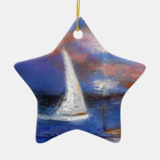 Adorno De Cerámica Pintura del paisaje marino de la vela del puerto (Frente)