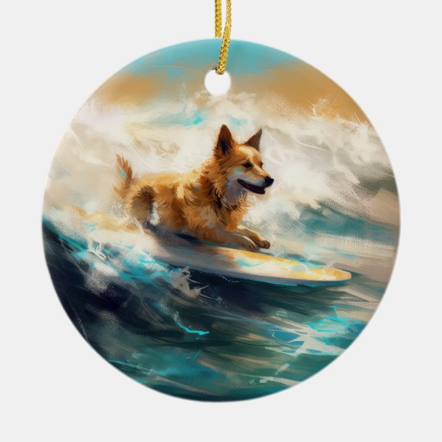 Adorno De Cerámica Pintura finlandesa de Lapphund Beach Surfing (Frente)