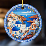 Adorno De Cerámica Pintura marina de la isla de Santorini Grecia | Ar<br><div class="desc">Pintura marina de la isla de Santorini Grecia | Ornamento cerámico de arte de viajes. Personaliza con tu propio texto.</div>