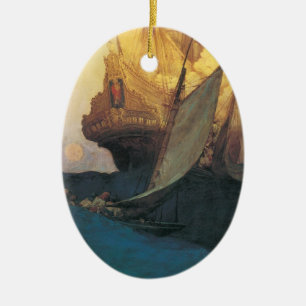 Adorno De Cerámica Pirata Antiguo, Ataque a un Galeón por Howard Pyle