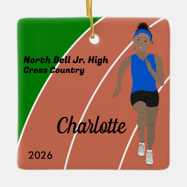 Adorno De Cerámica Pista y Chica de campo de pelo negro en azul (Anverso)