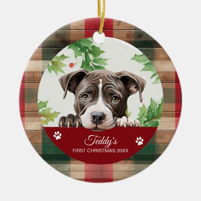 Adorno De Cerámica Pit Bull Americano Navidad Personalizada (Frente)