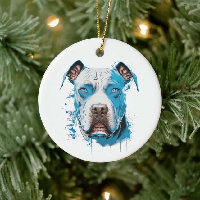 Adorno De Cerámica Pitbull blanco con ojos azules (Árbol)