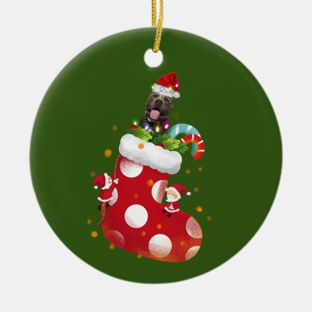 Adorno De Cerámica Pitbull Con Navidades Del Gorra Sock (Frente)