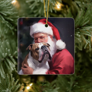 Adorno De Cerámica Pitbull con Santa Claus Festivo de Navidad
