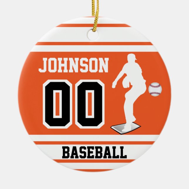 Adorno De Cerámica Pitcher de béisbol ⚾ personalizado | Naranja y bla (Frente)