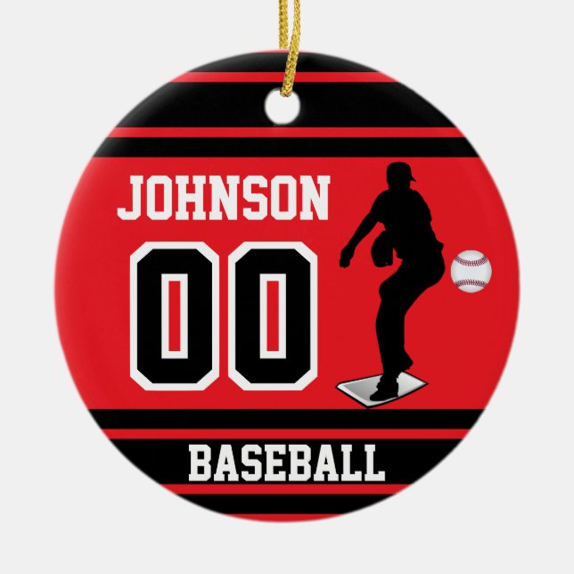 Adorno De Cerámica Pitcher de béisbol personalizado | Rojo y negro (Frente)