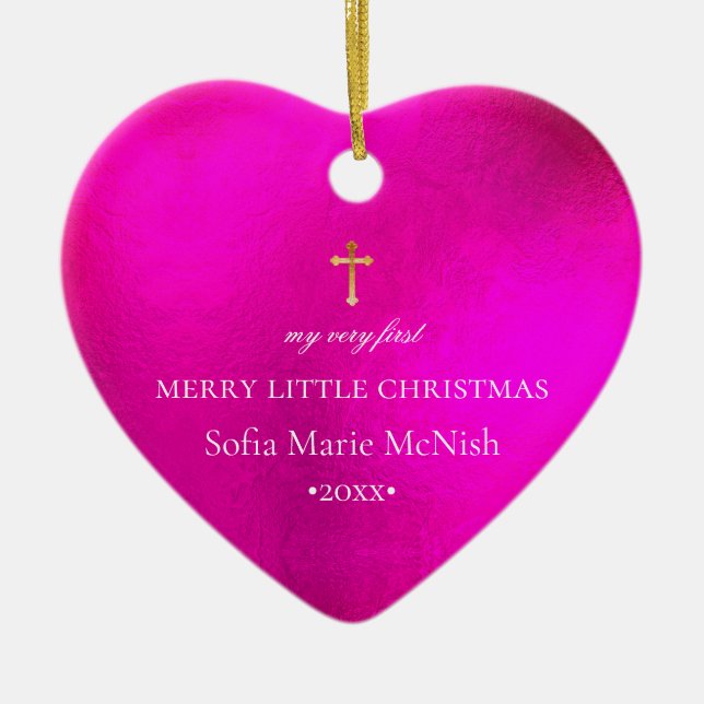 Adorno De Cerámica PixDezines Primera Navidad, rosa caliente (Frente)