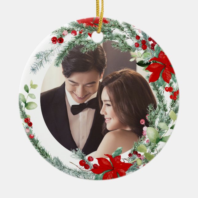 Adorno De Cerámica PixDezines Winter Wreath, Primera Navidad (Frente)