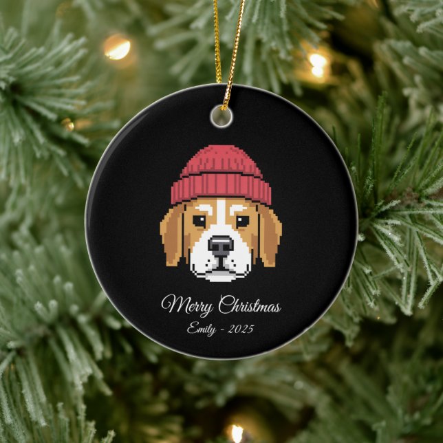 Adorno De Cerámica Pixel Art Beagle Dog Winter Hat (Árbol)