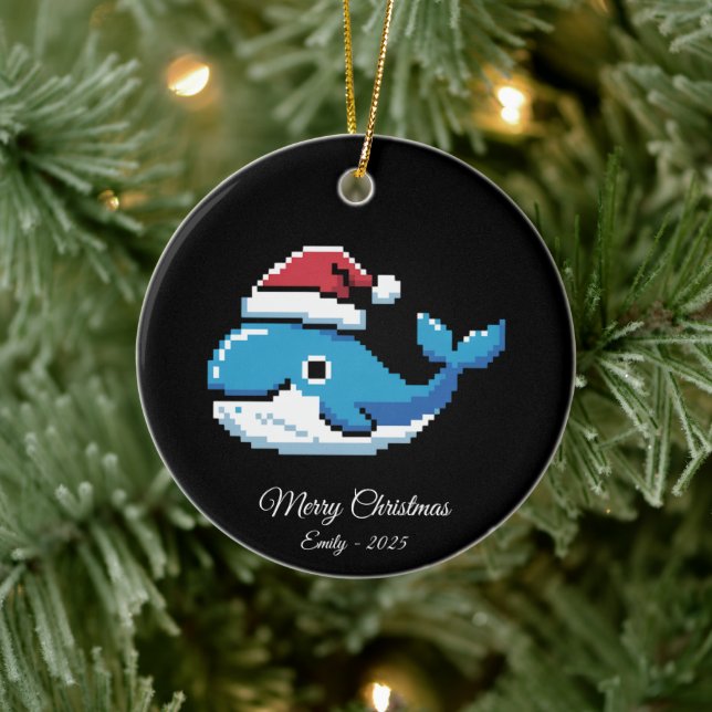 Adorno De Cerámica Pixel Art Blue Whale Santa Hat (Árbol)