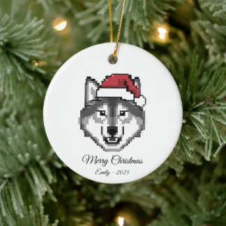 Adorno De Cerámica Pixel Art Husky Dog Santa Hat Christmas Gift